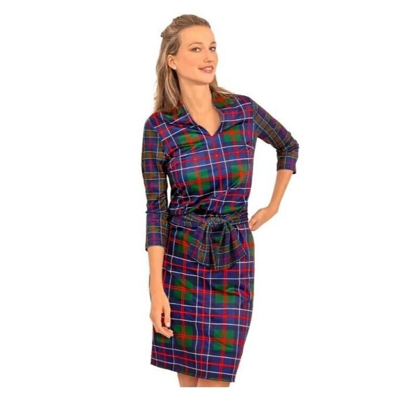 Gretchen Scott Dress Blue Plaid So Sexy Balmoral Plaid Retail $189 NWT Sz M - Picture 1 of 10